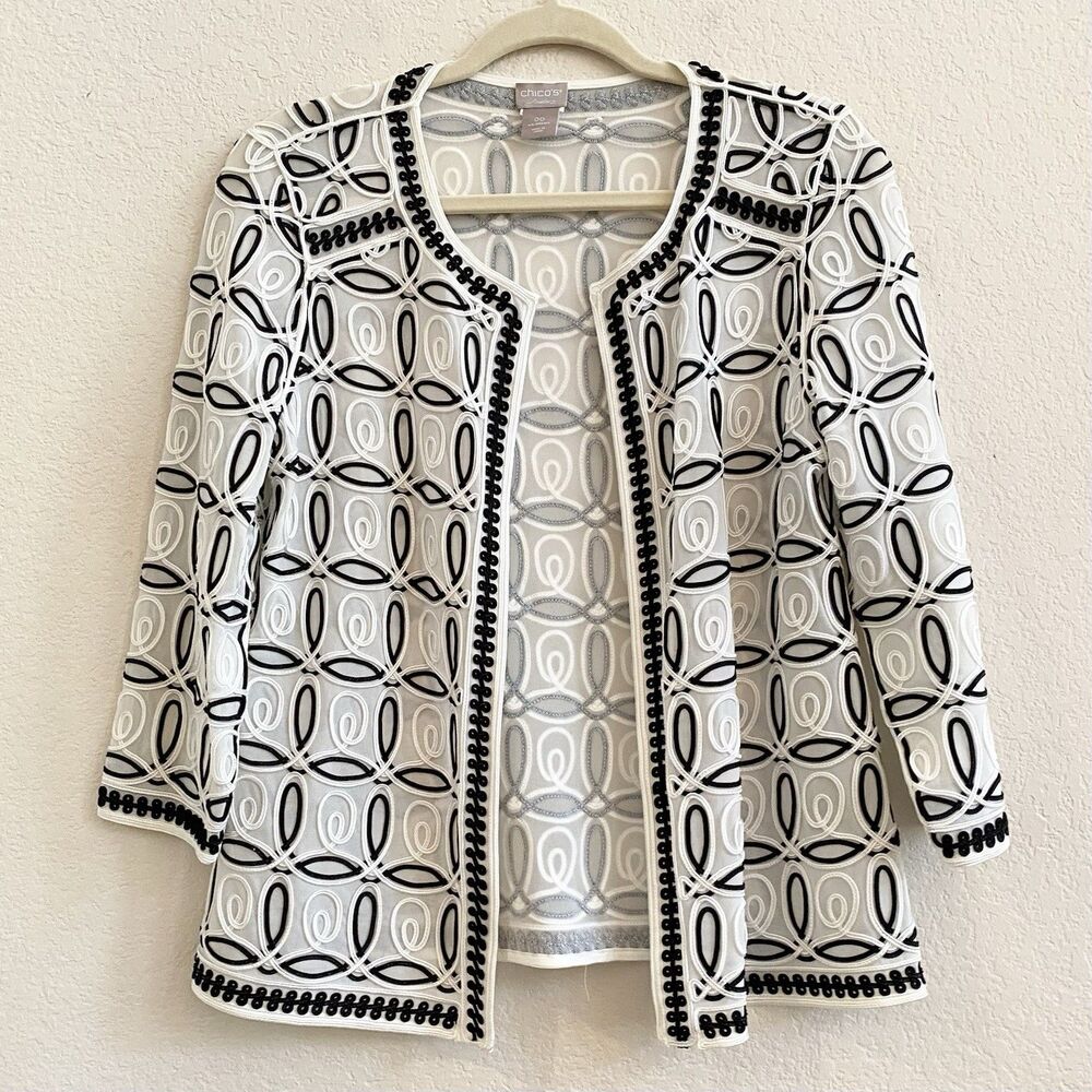 Chicos Travelers Women’s Black White Jacket Chicos Size 00 US Size 2 Soutache